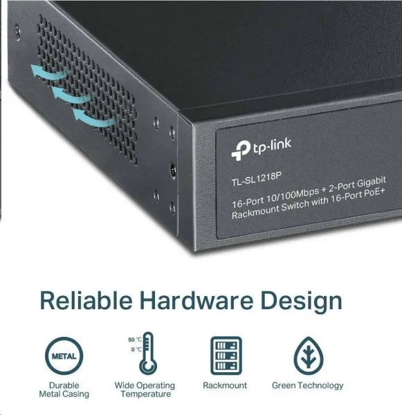 TP-Link CCTV switch TL-SL1218P (16x100Mb/s, 1xGbE uplink, 1xGbE/1xSFP combo uplink, 16xPoE+, 150W)