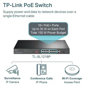 TP-Link CCTV switch TL-SL1218P (16x100Mb/s, 1xGbE uplink, 1xGbE/1xSFP combo uplink, 16xPoE+, 150W)
