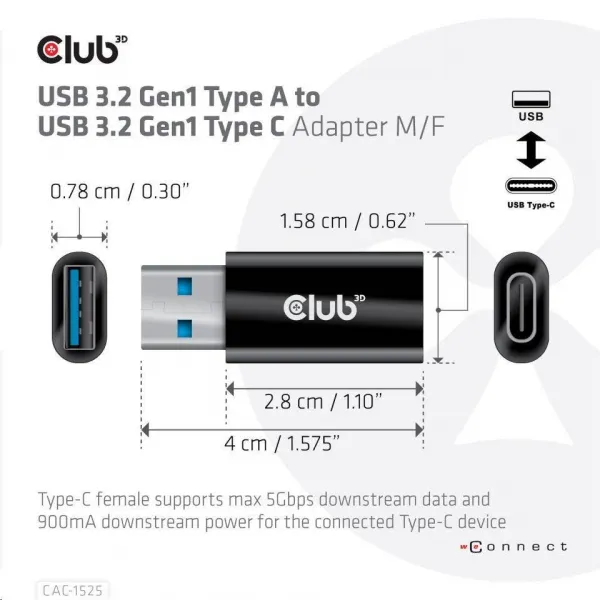 Adaptér Club3D USB 3.2 Gen1 typu A na USB 3.2 Gen1 typ C (M/F), čierna