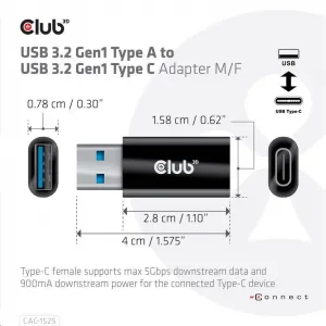 Adaptér Club3D USB 3.2 Gen1 typu A na USB 3.2 Gen1 typ C (M/F), čierna