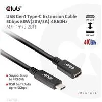 Club3D USB-C predlžovací kábel, 5Gbps, 60W(20V/3A), 4K60Hz (M/F), 1m
