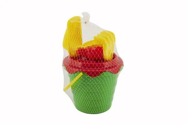 Sada na piesok plast vedro so sitkom 15 x 13cm, lopatka, hrabličky, 2 bábovky 4 farby