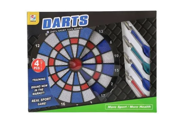 Terč so šípkami 4ks plast priemer 28cm v krabici 39x31x3cm