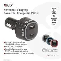 Club 3D Club3D Auto nabíječka pro Notebooky 63W, 2 porty (USB-A + USB-C)