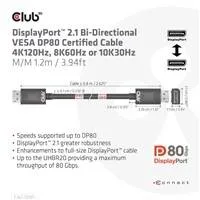Club3D Kabel DisplayPort 2.1 na DisplayPort 2.1 VESA DP80, 4K240Hz/8K60Hz/10K30Hz HDR (M/M), 1.2m, černá
