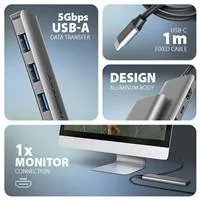 AXAGON HMC-5H, USB 5Gbps hub, 3x USB-A, HDMI 4k/30Hz, PD 100W, kábel USB-C 100cm