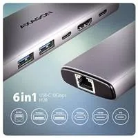 AXAGON HMC-6G2L, USB 10Gb/s hub, 2x USB-A, 1x USB-C, HDMI 4k/60, RJ-45, PD 100W, kábel USB-C 15cm