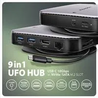 AXAGON HMC-UFO, USB 10Gbps hub, 2x USB-A, USB-C, HDMI 4k/60, RJ-45, M.2 slot, SD/mSD, audio, PD 100W, kábel USB-C 65cm