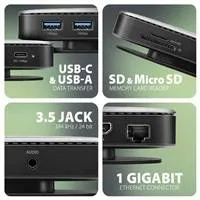 AXAGON HMC-UFO, USB 10Gbps hub, 2x USB-A, USB-C, HDMI 4k/60, RJ-45, M.2 slot, SD/mSD, audio, PD 100W, kábel USB-C 65cm