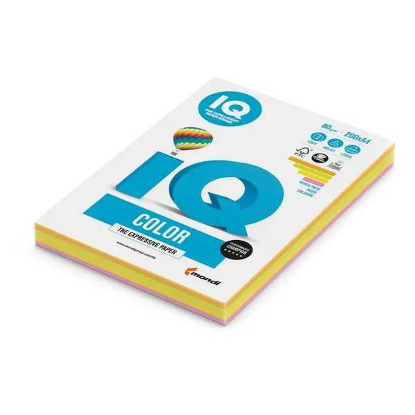 IQ color farebný papier Mix - A4, 80 gr, 250 hárkov, Mix farieb past.