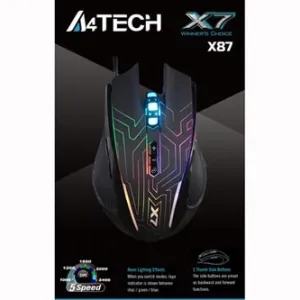 A4Tech Myš X87 Oscar Neon, 2400DPI, optická, 8tl., drátová USB, černá, herní, Neonové podsvícení