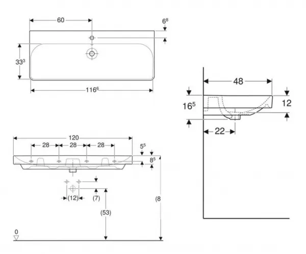 GEBERIT - Smyle Square Umývadlo 120x48 cm, s prepadom, otvoru na batériu, biela 500.226.01.1