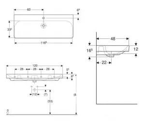 GEBERIT - Smyle Square Umývadlo 120x48 cm, s prepadom, otvoru na batériu, biela 500.226.01.1