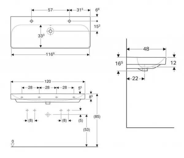 GEBERIT - Smyle Square Dvojumývadlo, 120x48 cm, s prepadom, 2 otvory na batérie, biela 500.253.01.1