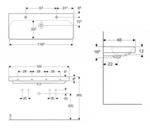 GEBERIT - Smyle Square Dvojumývadlo, 120x48 cm, s prepadom, 2 otvory na batérie, biela 500.253.01.1