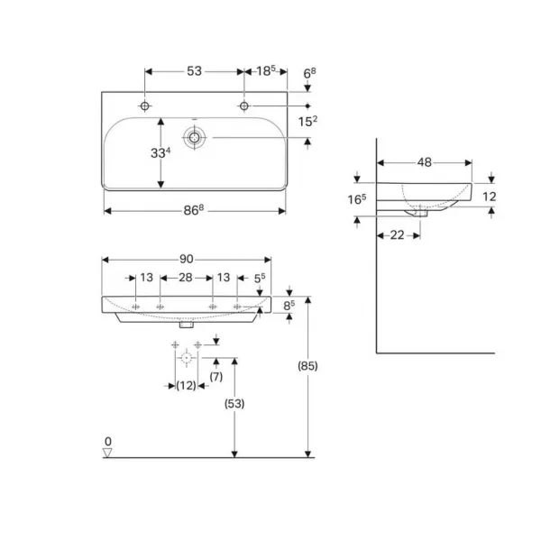 GEBERIT - Smyle Square Umývadlo, 90x48 cm, s prepadom, 2 otvory na batérie, biela 500.252.01.1