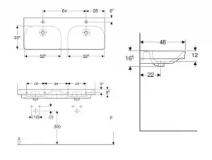 GEBERIT - Smyle Square Dvojumývadlo, 120x48 cm, s prepadom, 2 otvory na batérie, biela 500.223.01.1