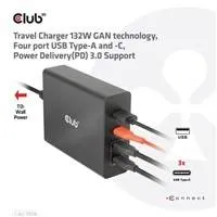 Cestovná nabíjačka Club3D 132W technológia GAN, 4xUSB-A a USB-C, PD 3.0 Podpora
