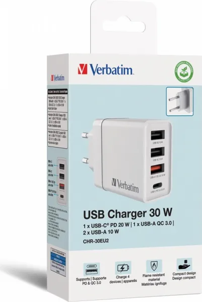 VERBATIM Univerzální adaptér CHR-30EU2, 30W, 1x USB-C, 3x USB bílá