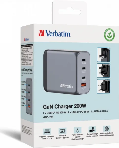 VERBATIM GaN Nabíječka do sítě GNC-200, 200W, 3x USB-C, 1x USB