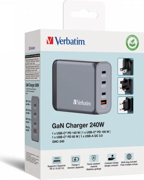 VERBATIM GaN Nabíječka do sítě GNC-240, 240W, 3x USB-C, 1x USB
