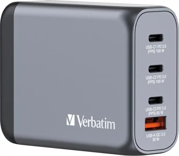 VERBATIM GaN Nabíječka do sítě GNC-100, 100W, 3x USB-C, 1x USB