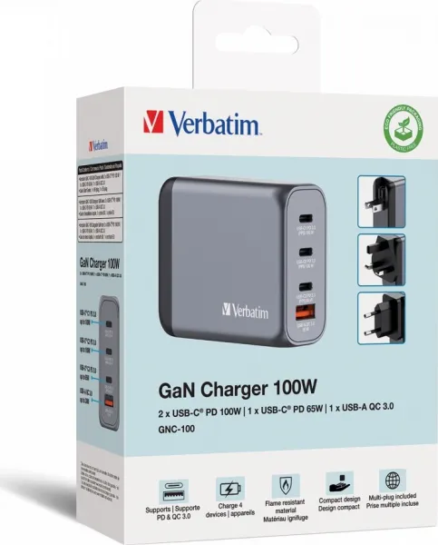 VERBATIM GaN Nabíječka do sítě GNC-100, 100W, 3x USB-C, 1x USB