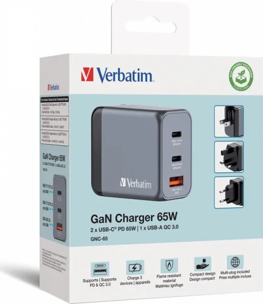 VERBATIM GaN Nabíječka do sítě GNC-65, 65W, 2x USB-C, 1x USB
