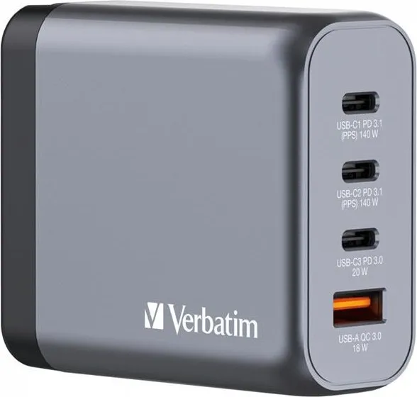 VERBATIM GaN Nabíječka do sítě GNC-140, 140W, 3x USB-C, 1x USB