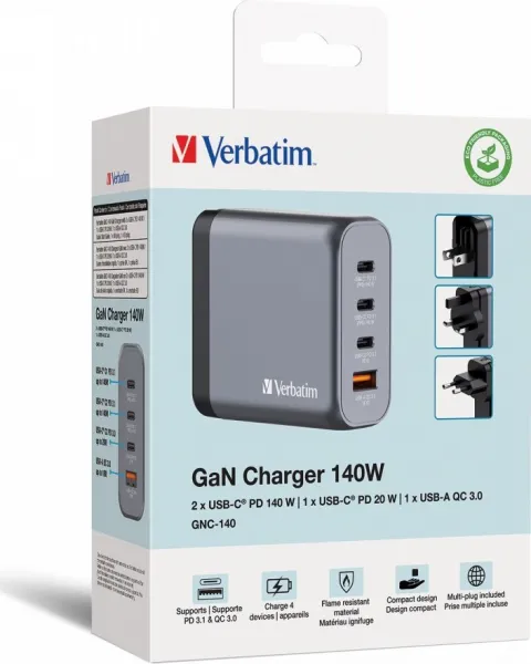 VERBATIM GaN Nabíječka do sítě GNC-140, 140W, 3x USB-C, 1x USB