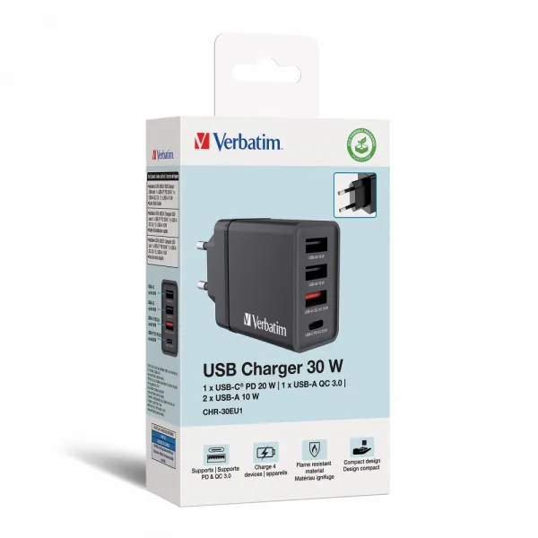 VERBATIM Univerzální adaptér CHR-30EU2, 30W, 1x USB-C, 3x USB černá