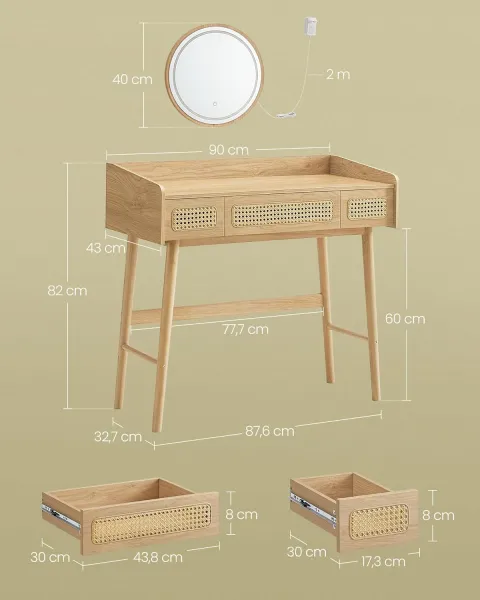 VASAGLE Toaletný stolík so zrkadlom BOHO 3 zásuvky