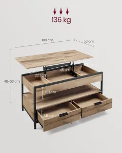 SONGMICS Konferenční stolek s výškovým nastavením Vasagle Indigra camel hnědá/černý