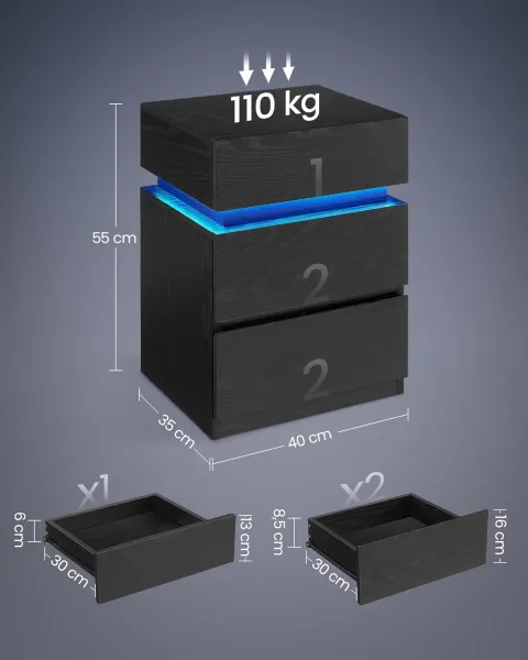 VASAGLE Nočný stolík s LED osvetlením čierny