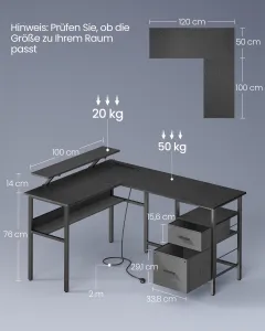 VASAGLE Rohový písací stôl s LED osvetlením 150 x 90 x 120 čierny