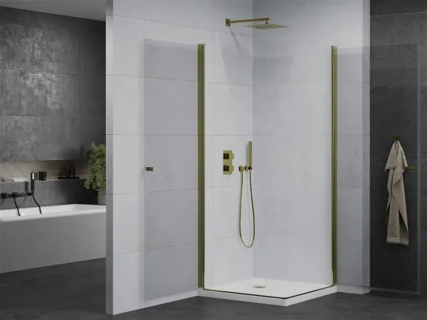 MEXEN/S - PRETORIA duo sprchovací kút 90 x 90, transparent, zlatá + vanička vrátane sifónu 852-090-090-50-02-4010G