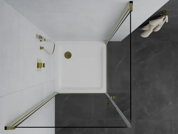 MEXEN/S - PRETORIA duo sprchovací kút 90 x 90, transparent, zlatá + vanička vrátane sifónu 852-090-090-50-02-4010G