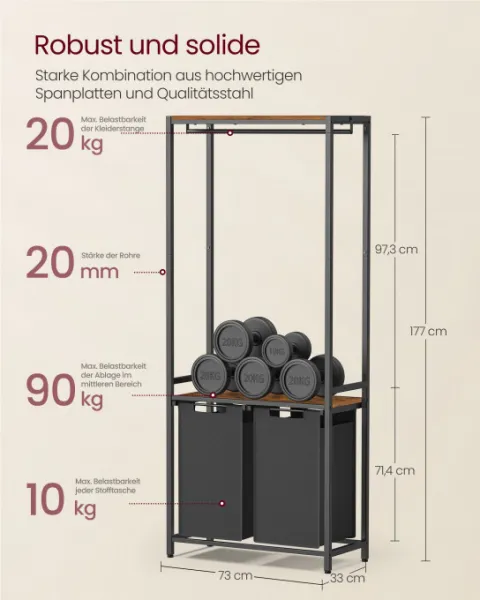 VASAGLE Kôš na bielizeň s kovovým rámom 2 x 46 l hnedý čierny