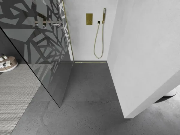 MEXEN/S - KIOTO Sprchová zástena WALK-IN 90x200 cm 8 mm, zlatá, biely vzor 800-090-101-50-85