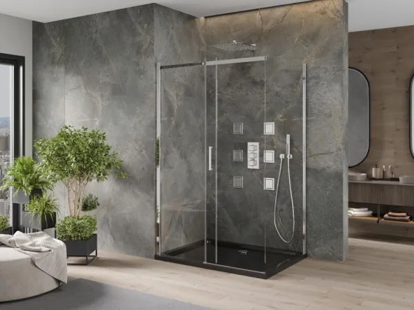 MEXEN/S - Omega sprchovací kút 100x80, transparent, chróm + čierna vanička so sifónom 825-100-080-01-00-4070