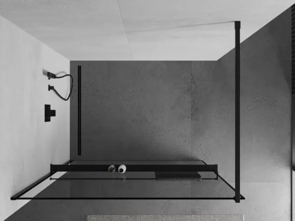 MEXEN/S - KIOTO Sprchová zástena WALK-IN s poličkou a držiakom uterákov 90 x 200, transparent/čierna 8 mm, čierna 800-090-121-70-70