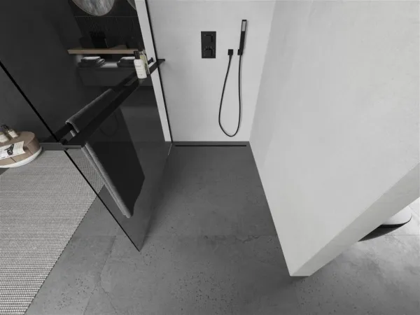 MEXEN/S - Kioto+ Sprchová zástena WALK-IN s poličkou a držiakom uterákov 85 x 200, transparent, čierna 800-085-121-70-00