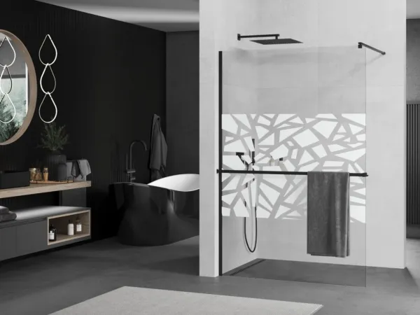 MEXEN/S - KIOTO Sprchová zástena WALK-IN s poličkou a držiakom uterákov 110 x 200, transparent/biely dekor 8 mm, čierna 800-110-121-70-85