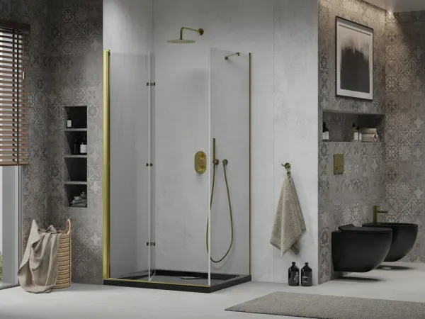 MEXEN/S - Lima sprchovací kút zalamovacie dvere 100 x 80, transparent, zlatý + Flat čierna vanička so sifónom 856-100-080-50-00-4070G