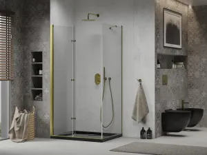 MEXEN/S - Lima sprchovací kút zalamovacie dvere 100 x 80, transparent, zlatý + Flat čierna vanička so sifónom 856-100-080-50-00-4070G