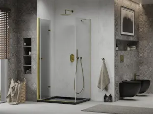 MEXEN/S - Lima sprchovací kút zalamovacie dvere 100 x 80, transparent, zlatý + Flat čierna vanička so sifónom 856-100-080-50-00-4070G