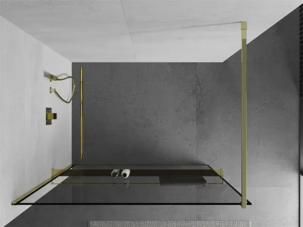 MEXEN/S - KIOTO Sprchová zástena WALK-IN s poličkou a držiakom uterákov 90 x 200, transparent/čierna 8 mm, zlatá 800-090-121-50-70