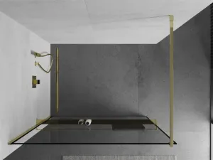 MEXEN/S - KIOTO Sprchová zástena WALK-IN s poličkou a držiakom uterákov 90 x 200, transparent/čierna 8 mm, zlatá 800-090-121-50-70