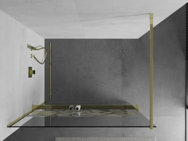 MEXEN/S - KIOTO Sprchová zástena WALK-IN s poličkou a držiakom uterákov 80 x 200, transparent/bialy vzór 8 mm, zlatá 800-080-121-50-85