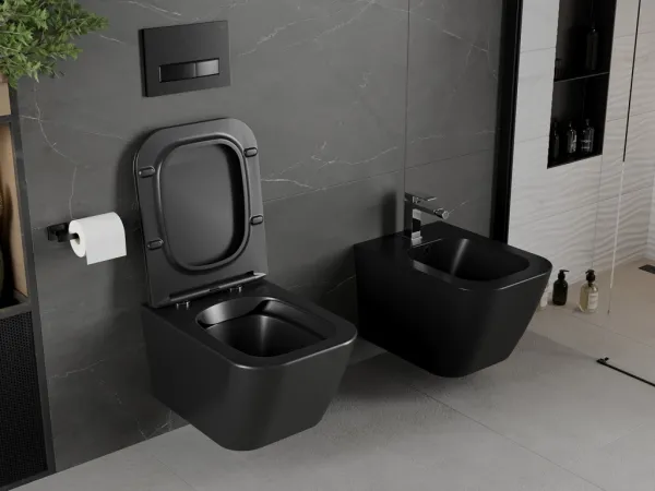 MEXEN - Madox Závesná WC misa Rimless vrátane sedátka s slow, Duroplast, čierna mat 30154070